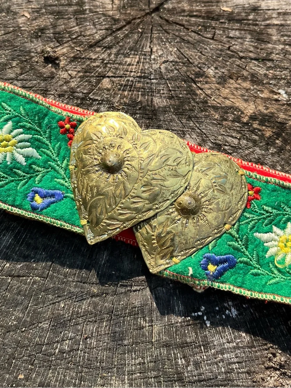 Vintage Handmade Austrian Edelweiss Floral Embroidered Belt Metal Heart Buckle
